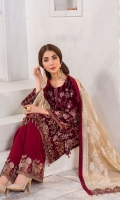 Embroidered Velvet Front Embroidered Velvet Side Panels Plain Velvet Back Embroidered Velvet Sleeves Jamawar Dupatta ( Contrast ) Embroidered Velvet Border For Front Embroidered Velvet Border For Back Embroidered Velvet Border For Sleeves Embroidered Organza Border For Dupatta Pallu ( Contrast ) Embroidered Organza Border For Trouser Dyed Trouser