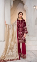 Embroidered Velvet Front Embroidered Velvet Side Panels Plain Velvet Back Embroidered Velvet Sleeves Jamawar Dupatta ( Contrast ) Embroidered Velvet Border For Front Embroidered Velvet Border For Back Embroidered Velvet Border For Sleeves Embroidered Organza Border For Dupatta Pallu ( Contrast ) Embroidered Organza Border For Trouser Dyed Trouser