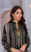 Embroidered Velvet Front Embroidered Velvet Side Panels Plain Velvet Back Embroidered Velvet Sleeves Embroidered Chiffon Dupatta ( Contrast ) Embroidered Velvet Border For Front Embroidered Velvet Border For Back Embroidered Velvet Border For Sleeves Embroidered Chiffon Border For Dupatta Pallu Embroidered Silk Trouser
