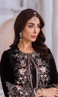 Embroidered Velvet Front Embroidered Velvet Side Panels Embroidered Velvet Back Embroidered Velvet Sleeves Embroidered Chiffon Dupatta Embroidered Velvet Border For Sleeves Embroidered Silk Trouser