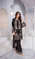 Embroidered Velvet Front Embroidered Velvet Side Panels Embroidered Velvet Back Embroidered Velvet Sleeves Embroidered Chiffon Dupatta Embroidered Velvet Border For Sleeves Embroidered Silk Trouser