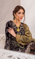 Embroidered Velvet Front Plain Velvet Back Embroidered Velvet Sleeves Jamawar Dupatta ( Contrast ) Embroidered Velvet Border For Front Embroidered Velvet Border For Back Embroidered Velvet Border For Sleeves Dust Printed Trouser