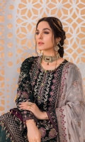 Embroidered Velvet Front Embroidered Velvet Side Panels Plain Velvet Back Embroidered Velvet Sleeves Embroidered Chiffon Dupatta ( Contrast ) Embroidered Velvet Border For Front Embroidered Velvet Border For Back Embroidered Velvet Border For Sleeves Embroidered Chiffon Border For Dupatta Pallu Embroidered Silk Trouser