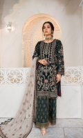 Embroidered Velvet Front Embroidered Velvet Side Panels Plain Velvet Back Embroidered Velvet Sleeves Embroidered Chiffon Dupatta ( Contrast ) Embroidered Velvet Border For Front Embroidered Velvet Border For Back Embroidered Velvet Border For Sleeves Embroidered Chiffon Border For Dupatta Pallu Embroidered Silk Trouser