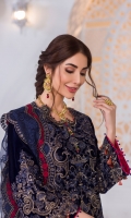 Embroidered Velvet Front Plain Velvet Back Embroidered Velvet Sleeves Embroidered Chiffon Dupatta Embroidered Velvet Border For Front Embroidered Velvet Border For Back Embroidered Velvet Border For Sleeves Embroidered Organza Border For Trouser Dyed Trouser