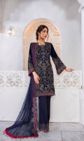 Embroidered Velvet Front Plain Velvet Back Embroidered Velvet Sleeves Embroidered Chiffon Dupatta Embroidered Velvet Border For Front Embroidered Velvet Border For Back Embroidered Velvet Border For Sleeves Embroidered Organza Border For Trouser Dyed Trouser