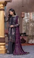 • Embroidered Chiffon Front • Embroidered Chiffon Back • Embroidered Chiffon Sleeves • Embroidered Chiffon Dupatta Stone Embellished (Contrast ) • Embroidered Organza Border For Front • Embroidered Organza Border For Back • Embroidered Organza Border For Sleeves • Embroidered Organza Border For Trouser • Embroidered Organza Patch’s For Trouser • Dyed Trouser