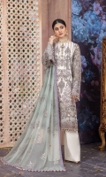 • Embroidered Chiffon Front • Embroidered Chiffon Back • Embroidered Chiffon Sleeves • Embroidered Chiffon Dupatta ( Contrast ) • Embroidered Organza Border For Front • Embroidered Organza Border For Back • Embroidered Organza Border For Sleeves • Dyed Trouser