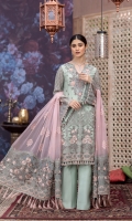 • Embroidered Chiffon Front • Embroidered Chiffon Back • Embroidered Chiffon Sleeves • Embroidered Chiffon Dupatta ( Contrast ) • Embroidered Organza Pallu For Dupatta • Embroidered Organza Border For Front • Embroidered Organza Border For Back • Embroidered Organza Border For Sleeves • Embroidered Organza Neckline ( Hand Made) • Dyed Trouser