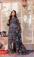 • Embroidered Chiffon Front • Embroidered Chiffon Back • Embroidered Chiffon Sleeves • Embroidered Chiffon Dupatta • Embroidered Organza Border For Front • Embroidered Organza Border For Back • Embroidered Organza Border For Sleeves • Embroidered Organza Border For Trouser • Embroidered Silk Border For Dupatta ( Contrast ) • Dust Printed Trouser