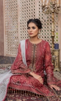 • Embroidered Chiffon Front • Embroidered Chiffon Back • Embroidered Chiffon Sleeves • Embroidered Chiffon Dupatta ( Contrast ) • Embroidered Organza Border For Dupatta Pallu (Contrast) • Embroidered Organza Neckline ( Hand Made) • Embroidered Organza Border For Front • Embroidered Organza Border For Back • Embroidered Organza Border For Sleeves • Embroidered Organza Border For Trouser • Dyed Trouser