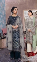 • Embroidered Chiffon Front • Embroidered Chiffon Back • Embroidered Chiffon Sleeves • Embroidered Chiffon Dupatta ( Contrast ) • Embroidered Organza Border For Dupatta • Embroidered Organza Border For Front • Embroidered Organza Border For Back • Embroidered Organza Border For Sleeves • Embroidered Organza Border For Trouser • Dyed Trouser