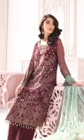 Embroidered Chiffon Front (Stone Embellished) Embroidered Chiffon Side Panel Embroidered Chiffon Back Embroidered Chiffon Sleeves (Stone Embellished) Embroidered Chiffon Dupatta Contrast Embroidered Organza Neckline (Hand Made) Embroidered Organza Border for Front (Stone Embellished) Embroidered Silk Border for Back Embroidered Silk Border for Sleeves Embroidered Organza Contrast Dupatta Pallu (Stone Embellished) Embroidered Organza Border for Dupatta Contrast Dyed Trouser