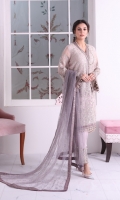 Embroidered Chiffon Front Plain Chiffon Back Embroidered Chiffon Sleeves Contrast Net Dupatta (Stone Embellished) Embroidered Organza Border for Front Embroidered Organza Border for Back Embroidered Organza Border for Sleeves Embroidered Organza Border for Neckline Embroidered Organza Border for Dupatta Embroidered Organza Border for Trouser Dyed Trouser