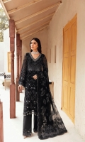 • Embroidered Chiffon Front • Embroidered Chiffon Back • Embroidered Chiffon Sleeves • Embroidered Chiffon Dupatta • Embroidered Organza Neckline ( Hand Made ) • Embroidered Organza Border For Dupatta • Embroidered Organza Border For Sleeves • Embroidered Organza Border For Trouser • Dyed Trouser