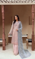 • Embroidered Chiffon Front • Embroidered Chiffon Back • Embroidered Chiffon Sleeves • Embroidered Chiffon Dupatta ( Contrast ) • Embroidered Organza Border For Front • Embroidered Organza Border For Back • Embroidered Organza Border For Sleeves • Embroidered Organza Border For Sleeves 2 ( Hand Made ) • Embroidered Organza Border For Trouser • Dyed Trouser