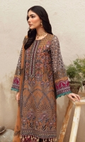 • Embroidered Chiffon Front • Embroidered Chiffon Back • Embroidered Chiffon Sleeves • Embroidered Chiffon Dupatta • Embroidered Organza Neckline ( Hand Made ) • Embroidered Organza Border For Front • Embroidered Organza Border For Back • Embroidered Silk Border For Sleeves ( Contrast ) • Embroidered Silk Border For Dupatta ( Contrast ) • Dust Printed Trouser ( Contrast )