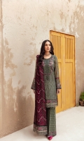 • Embroidered Chiffon Front • Embroidered Chiffon Back • Embroidered Chiffon Sleeves • Embroidered Chiffon Dupatta ( Contrast ) • Embroidered Organza Neckline ( Hand Made ) • Embroidered Organza Border For Front • Embroidered Organza Border For Back • Embroidered Organza Cuff For Sleeve L Side ( Hand Made ) • Embroidered Organza Cuff For Sleeve R Side ( Hand Made ) • Embroidered Organza Border For Dupatta Pallu • Embroidered Silk Trouser