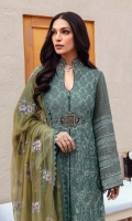 • Embroidered Chiffon Front • Embroidered Chiffon Back • Embroidered Chiffon Front Back Body • Embroidered Chiffon Sleeves • Embroidered Chiffon Dupatta ( Contrast ) • Embroidered Organza Border For Front • Embroidered Organza Border For Back • Embroidered Organza Border For Sleeves • Embroidered Velvet Neckline Contrast ( Hand Made ) • Embroidered Velvet Motive For Front Contrast ( Hand Made ) • Dyed Trouser