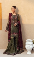 • Embroidered Chiffon Front • Embroidered Chiffon Back • Embroidered Chiffon Sleeves • Embroidered Chiffon Dupatta ( Contrast ) • Embroidered Organza Neckline ( Hand Made ) • Embroidered Organza Border For Front • Embroidered Organza Border For Back • Embroidered Organza Cuff For Sleeve L Side ( Hand Made ) • Embroidered Organza Cuff For Sleeve R Side( Hand Made ) • Embroidered Organza Border For Dupatta Pallu • Embroidered Silk Shararah L Side • Embroidered Silk Shararah R Side • Embroidered Silk Border For Shararah