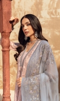 • Embroidered Chiffon Front • Embroidered Chiffon Back • Embroidered Chiffon Sleeves • Embroidered Chiffon Dupatta ( Contrast ) • Embroidered Organza Border For Front • Embroidered Organza Border For Back • Embroidered Organza Border For Sleeves • Embroidered Organza Border For Neckline ( Hand Made ) • Embroidered Organza Border For Trouser • Dyed Trouser