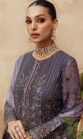 • Embroidered Chiffon Front • Embroidered Chiffon Back • Embroidered Chiffon Sleeves • Embroidered Chiffon Dupatta ( Contrast ) • Embroidered Organza Neckline ( Hand Made ) • Embroidered Organza Border For Front • Embroidered Organza Border For Back • Embroidered Organza Border For Sleeves • Embroidered Organza Pallu For Dupatta • Dyed Trouser