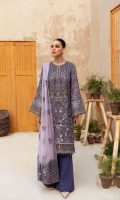 • Embroidered Chiffon Front • Embroidered Chiffon Back • Embroidered Chiffon Sleeves • Embroidered Chiffon Dupatta ( Contrast ) • Embroidered Organza Neckline ( Hand Made ) • Embroidered Organza Border For Front • Embroidered Organza Border For Back • Embroidered Organza Border For Sleeves • Embroidered Organza Pallu For Dupatta • Dyed Trouser