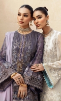 • Embroidered Chiffon Front • Embroidered Chiffon Back • Embroidered Chiffon Sleeves • Embroidered Chiffon Dupatta ( Contrast ) • Embroidered Organza Neckline ( Hand Made ) • Embroidered Organza Border For Front • Embroidered Organza Border For Back • Embroidered Organza Border For Sleeves • Embroidered Organza Pallu For Dupatta • Dyed Trouser