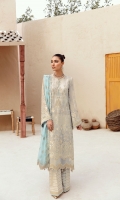 • Embroidered Chiffon Front • Embroidered Chiffon Back • Embroidered Chiffon Sleeves • Embroidered Chiffon Dupatta ( Contrast ) • Embroidered Organza Border For Front • Embroidered Organza Border For Back • Embroidered Organza Border For Sleeves • Embroidered Organza Border For Trouser • Embroidered Organza Border For Dupatta Pallu • Embroidered Silk Trouser
