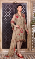 Embroidered Chiffon Front Embroidered Chiffon Side Pannel Plain Chiffon Back Embroidered Chiffon Sleeves Embroidered Chiffon Dupatta Embroidered Organza Border For Front Embroidered Organza Border For Back Embroidered Organza Border For Sleeves Embroidered Organza Border For Neck Line Dyed Trouser