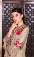 Embroidered Chiffon Front Embroidered Chiffon Side Pannel Plain Chiffon Back Embroidered Chiffon Sleeves Embroidered Chiffon Dupatta Embroidered Organza Border For Front Embroidered Organza Border For Back Embroidered Organza Border For Sleeves Embroidered Organza Border For Neck Line Dyed Trouser