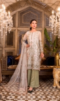 Embroidered Chiffon Front Embroidered Chiffon Side Pannel Plain Chiffon Back Embroidered Chiffon Sleeves Embroidered Net Dupatta Embroidered Organza Border For Front Embroidered Organza Border For Back Embroidered Silk Border For Sleeves (Contrast) Embroidered Silk Border For Dupatta (Contrast) Dyed Trouser (Contrast)