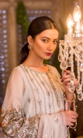 Embroidered Chiffon Front Embroidered Chiffon Side Pannel Plain Chiffon Back Embroidered Chiffon Sleeves Embroidered Net Dupatta Embroidered Organza Border For Front Embroidered Organza Border For Back Embroidered Silk Border For Sleeves (Contrast) Embroidered Silk Border For Dupatta (Contrast) Dyed Trouser (Contrast)