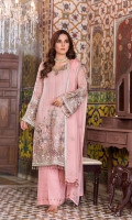 Embroidered Chiffon Front Plain Chiffon Back Embroidered Chiffon Sleeves Embroidered Chiffon Dupatta Embroidered Organza Daman For Front Embroidered Organza Border For Back Embroidered Organza Border For Sleeves Embroidered Organza Gala Patch ( Hand Made ) Dyed Trouser