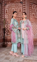 Embroidered Chiffon Front Embroidered Chiffon Side Pannel Plain Chiffon Back Embroidered Chiffon Sleeves Embroidered Net Dupatta (Contrast) Embroidered Chiffon Border For Back Embroidered Organza Border For Front Embroidered Organza Border For Back Embroidered Organza Border For Sleeves Dyed Trouser