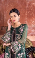 Embroidered Chiffon Front Left Pannel Embroidered Chiffon Front Right Pannel Embroidered Chiffon Front Left Right Pannels Plain Chiffon Back Embroidered Chiffon Sleeves Embroidered Chiffon Dupatta (Contrast) Embroidered Organza Border For Front Embroidered Organza Border For Back Embroidered Organza Border For Sleeves Embroidered Organza Border For Jacket Embroidered Organza Border For Dupatta Pallu Embroidered Organza Border For Dupatta Dyed Trouser