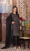 Embroidered Chiffon Front Embroidered Chiffon Side Pannel Plain Chiffon Back Embroidered Chiffon Sleeves Embroidered Chiffon Dupatta Embroidered Organza Border For Front Embroidered Organza Border For Back Embroidered Organza Border For Sleeves Embroidered Organza Border For Dupatta Dyed Trouser