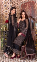 Embroidered Chiffon Front Embroidered Chiffon Side Pannel Plain Chiffon Back Embroidered Chiffon Sleeves Embroidered Chiffon Dupatta Embroidered Organza Border For Front Embroidered Organza Border For Back Embroidered Organza Border For Sleeves Embroidered Organza Border For Dupatta Dyed Trouser