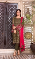 Embroidered Chiffon Front Plain Chiffon Back Embroidered Chiffon Sleeves Embroidered Chiffon Dupatta (Contrast) Embroidered Chiffon Border For Back Embroidered Silk Border For Dupatta Dyed Trouser