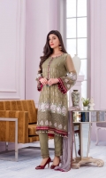 Embroidered Chiffon Front Plain Chiffon Back Embroidered Chiffon Sleeves Embroidered Chiffon Dupatta Contrast Embroidered Organza Border for Front Embroidered Organza Border for Back & Sleeves Embroidered Organza Neckline Dyed Trouser