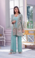 Embroidered Chiffon Front Left Panel Embroidered Chiffon Front Right Panel Embroidered Chiffon Front Side Panel’s Plain Chiffon Back Embroidered Chiffon Sleeves Embroidered Chiffon Dupatta Embroidered Organza Border for Front Embroidered Organza Border for Back Embroidered Organza Border for Sleeves Embroidered Organza Border for Jacket Dyed Trouser