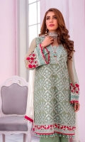 Embroidered Chiffon Front Plain Chiffon Back Embroidered Chiffon Sleeves Plain Chiffon Dupatta Contrast Embroidered Organza Border for Front & Back Embroidered Organza Border for Neckline Embroidered Silk Border for Dupatta Contrast Dyed Trouser