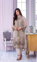 Embroidered Chiffon Front Plain Chiffon Back Embroidered Chiffon Sleeves Embroidered Chiffon Dupatta Embroidered Organza Border for Front Embroidered Organza Border for Back Dyed Trouser
