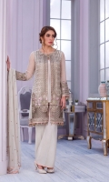 Embroidered Chiffon Front Plain Chiffon Back Embroidered Chiffon Sleeves Embroidered Chiffon Dupatta Embroidered Organza Border for Front Embroidered Organza Border for Back Dyed Trouser