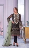 Embroidered Chiffon Front Dust Print Back Embroidered Chiffon Sleeves Embroidered Net Dupatta Contrast Embroidered Organza Neckline Embroidered Organza Border for Front & Back Embroidered Organza Border for Sleeves Embroidered Organza Border for Dupatta Dyed Trouser