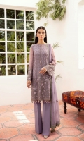 • Embroidered Chiffon Front • Embroidered Chiffon Back • Embroidered Chiffon Sleeves • Embroidered Chiffon Dupatta • Embroidered Organza Border For Front • Embroidered Organza Border For Back • Dyed Trouser