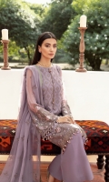 • Embroidered Chiffon Front • Embroidered Chiffon Back • Embroidered Chiffon Sleeves • Embroidered Chiffon Dupatta • Embroidered Organza Border For Front • Embroidered Organza Border For Back • Dyed Trouser