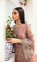 • Embroidered Chiffon Front • Embroidered Chiffon Side Panels • Embroidered Chiffon Back • Embroidered Chiffon Sleeves • Embroidered Chiffon Dupatta (Contrast) • Embroidered Organza Border For Front • Embroidered Organza Border For Back • Embroidered Organza Border For Sleeves • Dyed Trouser