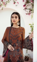 • Embroidered Chiffon Front • Embroidered Chiffon Back • Embroidered Chiffon Sleeves • Embroidered Chiffon Dupatta • Embroidered Organza Border For Front • Embroidered Organza Border For Back • Embroidered Organza Border For Sleeves • Embroidered Silk Border For Dupatta (Contrast) • Dyed Trouser (Contrast)