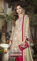 "Embroidered Chiffon Front Center Pannel 0.72 Yard Embroidered Chiffon Front Left Pannel 0.33 Yard Embroidered Chiffon Front Right Pannel 0.33 Yard Embroidered Chiffon Front L+R + Back Nock Kali 6.00 Kali Embroidered Chiffon Back Jall 1.50 Yards Embroidered Chiffon Sleeves 0.72 Yard Embroidered Chiffon Dupatta (Contrast) 2.70 Yards Embroidered Organza Front Back Patti 2.00 PCs Embroidered Organza Neck Line Patch 1.00 PC Raw Silk Trouser Contrast 2.5 Yards 